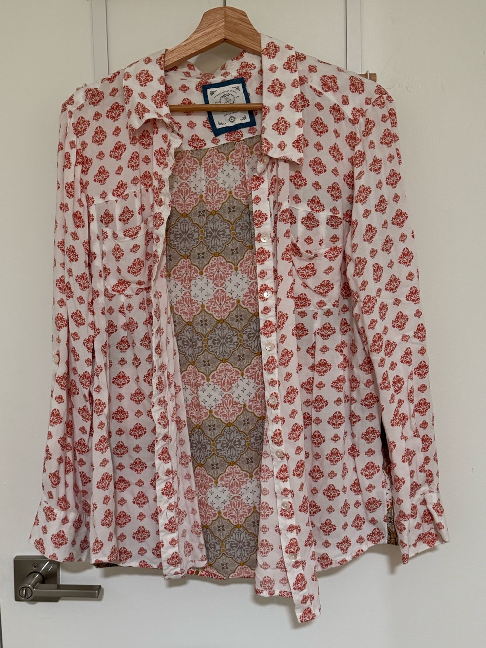 White Button-Up Blouse with Rust Print